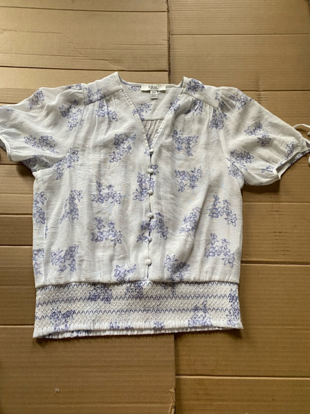 Lightweight Floral Button-Front Blouse - White with Lavender Print